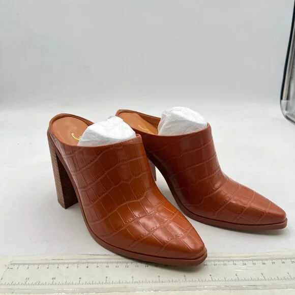 FOWT Crocodile Brown Pointed Toe Slip On Mules Stacked Block High Heel Sandal - Picture 4 of 8